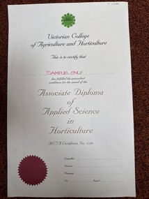 Certificate - Award Certificate, VCAH Burnley Associate Diploma of Applied Science in Horticulture, c. 1983-1996