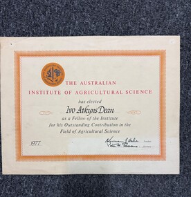 Certificate - Award Certificate, The Australian Institute of Agricultural Science, Elected Fellow, 1977