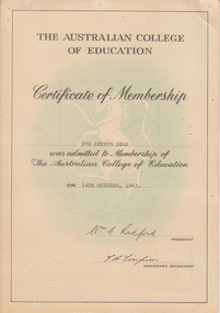 Certificate - Award Certificate, The Australian College of Education Certificate of Membership, 1963