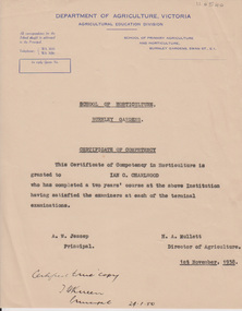 Certificate, Department of Agriculture, Victoria, School of Horticulture, Burnley Gardens, Certificate of Competency, 1938-1950