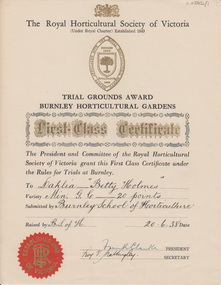 Certificate, The Royal Horticultural Society of Victoria Trial Grounds Award Burnley Horticultural Gardens, 1938-1952