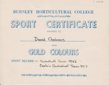 Certificate - Award Certificate, Burnley Horticultural College, Burnley Horticultural College Sport Certificate, 1957