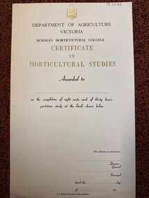 Certificate - Award Certificates, F D Atkinson Government Printer Melbourne, Department of Agriculture Victoria Certificate in Horticultural Studies, 1958-1983