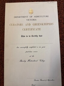 Certificate - Award Certificates, Curators and Greenkeepers Certificate, 1958-1983