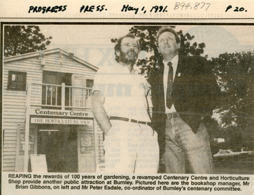 Newspaper - Newspaper Cutting, Progress Press, 100 years' gardening, 1991
