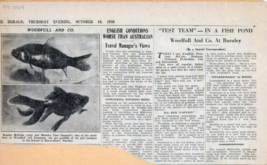 Newspaper - Newspaper Cutting, The Herald, "Test team" - in a fish pond. Woodfull and Co. at Burnley, 1930