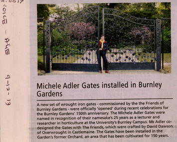 Newspaper - Newspaper Cutting, The Age, Michele Adler Gates Installed in Burnley Gardens, 2013