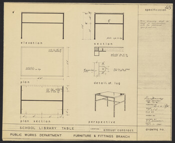 Plan, N.S. Jemmerson, Specification.  School Library Table, 1961
