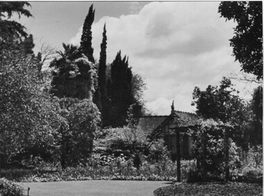 Photograph - Black and white print, View Across Garden to Principal's Residence, Unknown