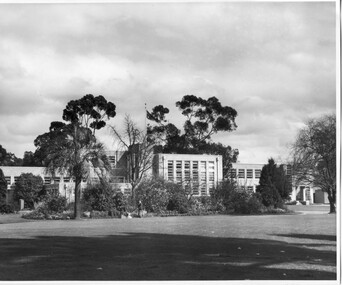 Photograph - Black and white print, Information Branch Victorian Department of Agriculture, Administration Building and Lawnmowing