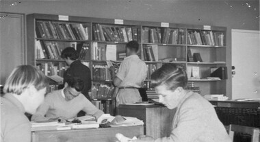 Photograph - Black and white print, Students and Staff in the Library, c. 1955