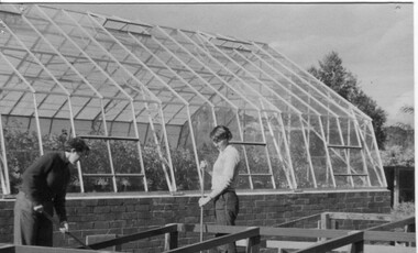 Photograph - Black and white print, Students Working Near Glasshouse