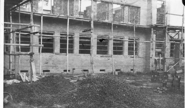 Photograph - Black and white print, New School Building in Construction, 1946