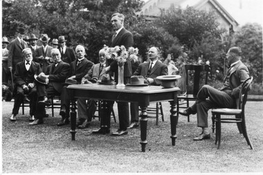 Photograph - Black and white print, The Argus, Mr. Slater Opening the R.H.S. Meeting at the Burnley Gardens, 1930
