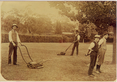 Photograph - Black and white and sepia prints, Information Branch Victorian Department of Agriculture, Mowing Burnley Gardens, 1891-1893