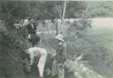 Photograph - Black and white print, The Truth on How the Swan Street Rockery Was Built, 1947