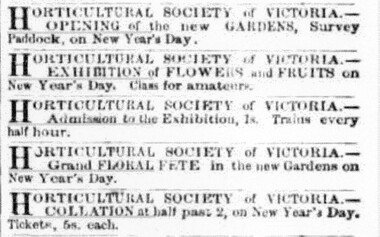 Newspaper - Black and white photocopy, The Argus, Advertisement for Opening Day of the Horticultural Society's Gardens, 1862