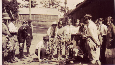 Photograph - Black and white photocopy, Carine Williams (nee Wettenhall) et al, Mending the Mower, 1929