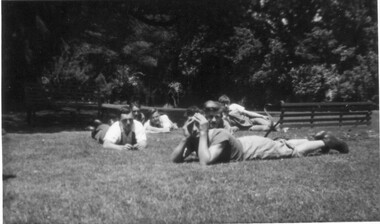 Photograph - Black and white print, Helen Dudley, 1st and 2nd Years Relaxing on Lawn 1944, 1944