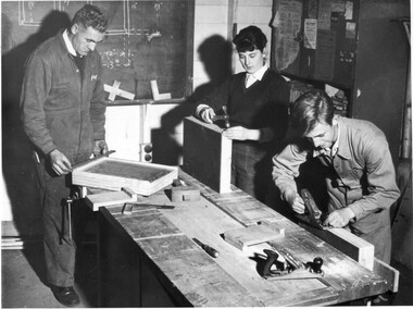 Photograph - Black and white print, Publicity Branch Victorian Department of Agriculture, Class in the Woodworking Shed, 1961