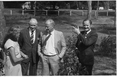 Photograph - Black and white print, Minette Russell-Young Explaining Planned Revegetation of Yarra Bank, 1985