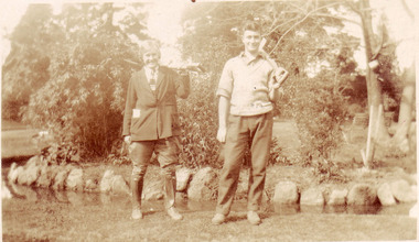 Photograph - Sepia print, E. Chalmers, Students Beside Ponds, 1927