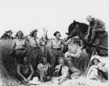 Photograph - Black and white print, Students in Grain Crop With Horse, c. 1935