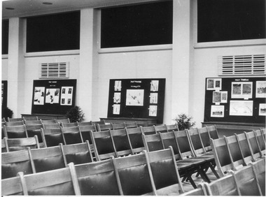 Photograph - Black and white print, E.M. Gibson, Hall with Displays on the Wall, 1947