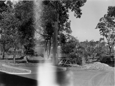 Photograph - Black and white print, E.M. Gibson, Construction Site, 1947