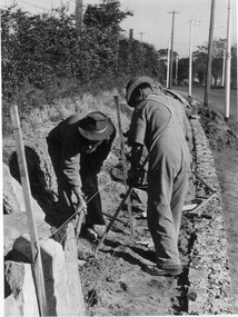 Photograph - Black and white print, Construction of Rock Wall Swan Street, 1948