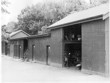 Photograph - Black and white print, E.M. Gibson, Store Rooms and Machinery Shed, Late 1940's