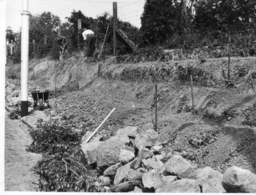 Photograph - Black and white print, E.M. Gibson, Working on the Swan Street Stone Retaining Wall, Late 1940s