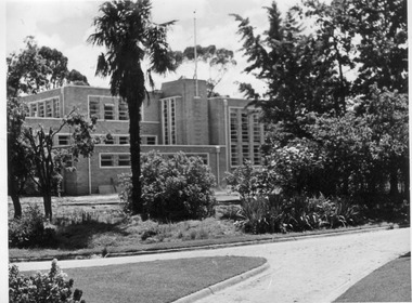 Photograph - Black and white print, E.M. Gibson, Administration Building and Emily Gibson Beds, Late 1940s-Early 1950s