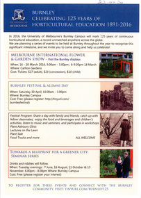 Flyer - Publicity, The University of Melbourne, Burnley celebrating 125 years of Horticulture Education 1891 - 2016, 2016