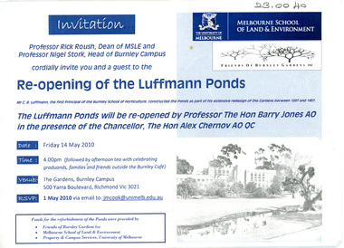 Card - Invitation, The University of Melbourne et al, Re-Opening of the Luffmann Ponds, 01.05.2010-14.05.2010