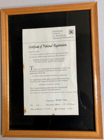 Certificate (item) - Award Certificate, Australian Council on Awards in Advanced Education, Certificate of National Registration, 09.08.1985