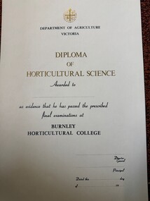 Certificate - Award Certificates, Diploma of Horticultural Science, 1958-1993