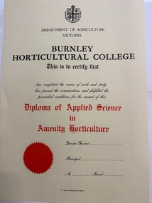 Certificate - Award Certificates, Diploma of Applied Science in Amenity Horticulture, 1958-1983