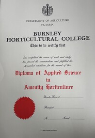 Certificate - Award Certificates, Diploma of Applied Science in Nursery Production and Management, 1958-1983