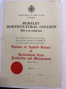 Certificate - Award Certificates, F D Atkinson Government Printer Melbourne, Diploma of Applied Science in Horticultural Crop Production and Management, 1958-1983