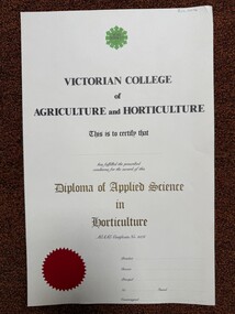 Certificate - Award Certificates, VCAH Burnley Diploma of Applied Science in Horticulture, 1983-1996