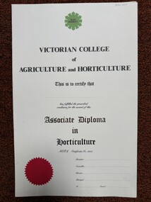 Certificate - Award Certificates, VCAH Burnley Associate Diploma in Horticulture, 1983-1996