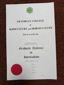 Certificate - Award Certificate, VCAH Burnley Graduate Diploma in Horticulture, 1983-1996