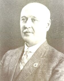 Black and white portrait of a male with bald head and moustache 