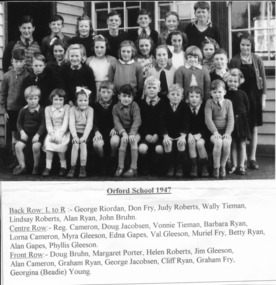 Black and white photograph of a group of school children outside weatherboard building with names added underneath