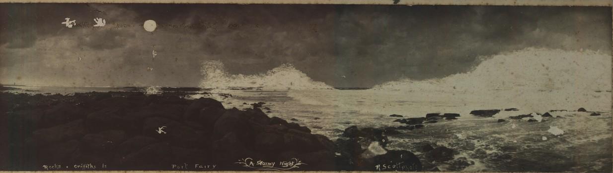 Black and white photograph of a stormy night on Griffith Island