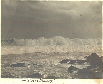 Huge wave breaking over rocks on area known as “Dusty Miller”