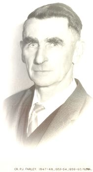 Formal portrait of Councillor P.J.Farley in dark suit and wide striped tie 