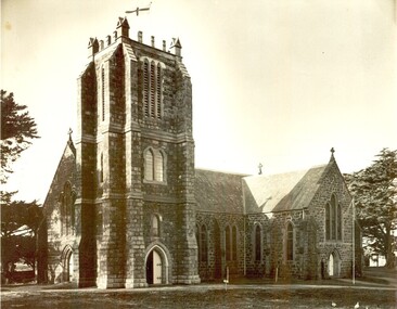 Black and white photograph of St Johns Church of England with the tower 