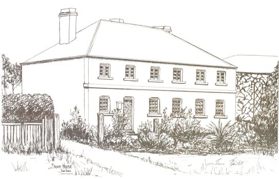 Pen and ink drawing of two storied Braim House in James Street